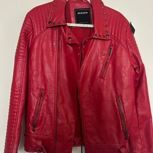 REASON Red Studded Faux-Leather Bomber Jacket
